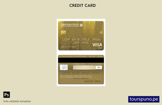 listo para imprimir plantilla de tarjeta visa dorada del Banco Comercial de Kuwa